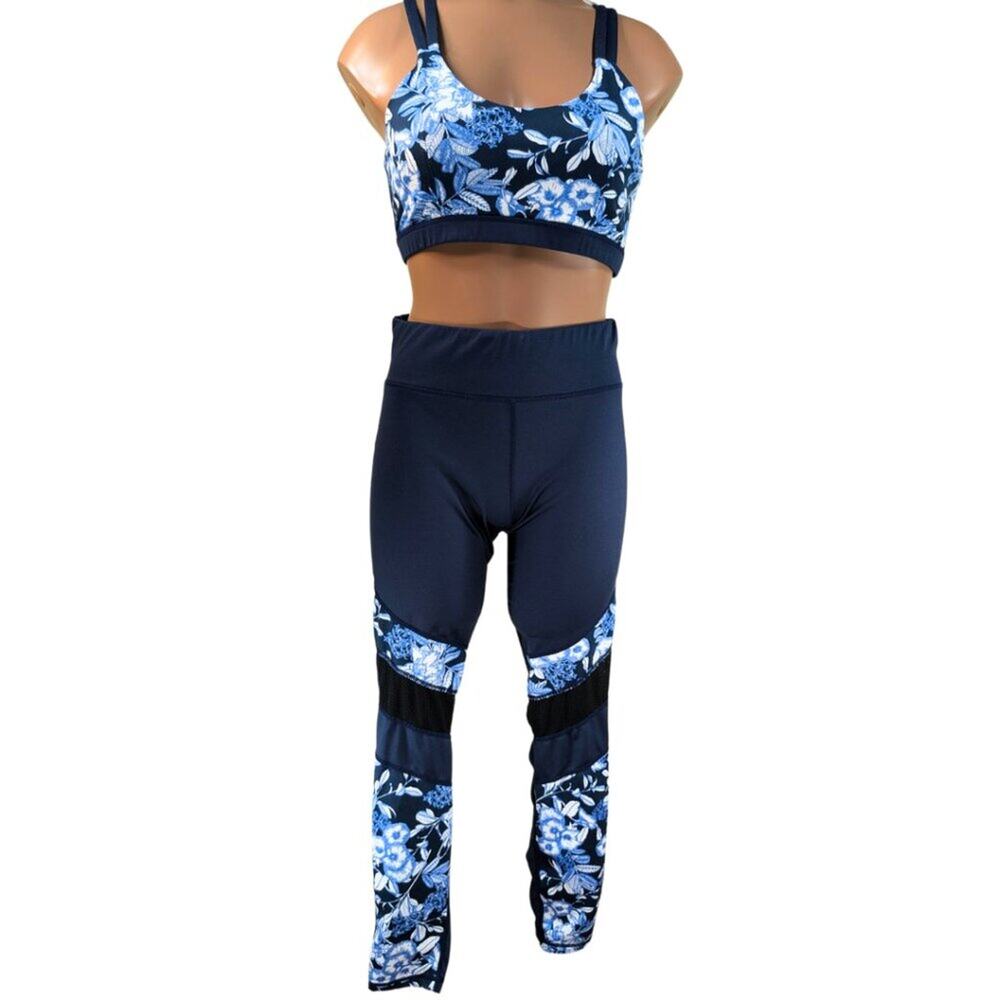 MINKPINK Small Blue Floral Ankle Mesh Leggings Sports Bra Coordinating Set